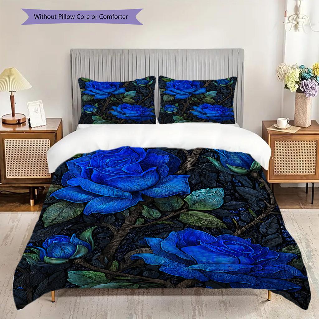 Blue Rose Pattern Bedding Quilt Set Quilt Cover Pillowcase Home Decoration Birthday Gift (1 * Duvet Cover + 2 * Pillowcase, Without Core)