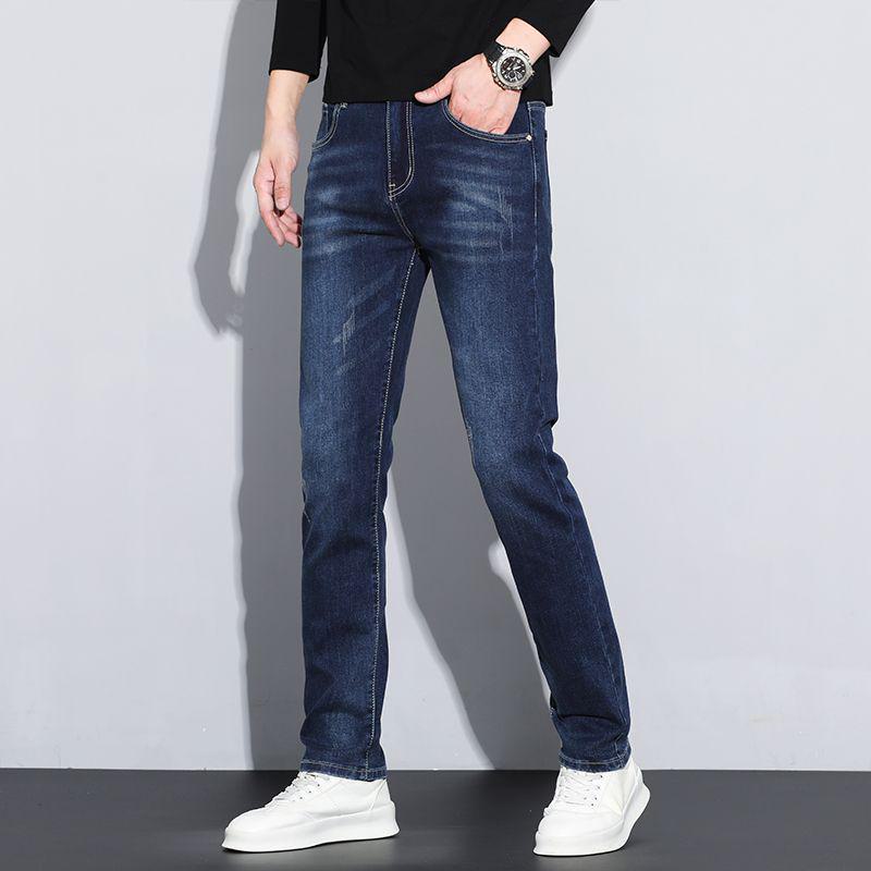 Men's European Slim Straight Elastic Jeans with Velvet, Cat Whisker Design for 2024 Autumn/Winter.