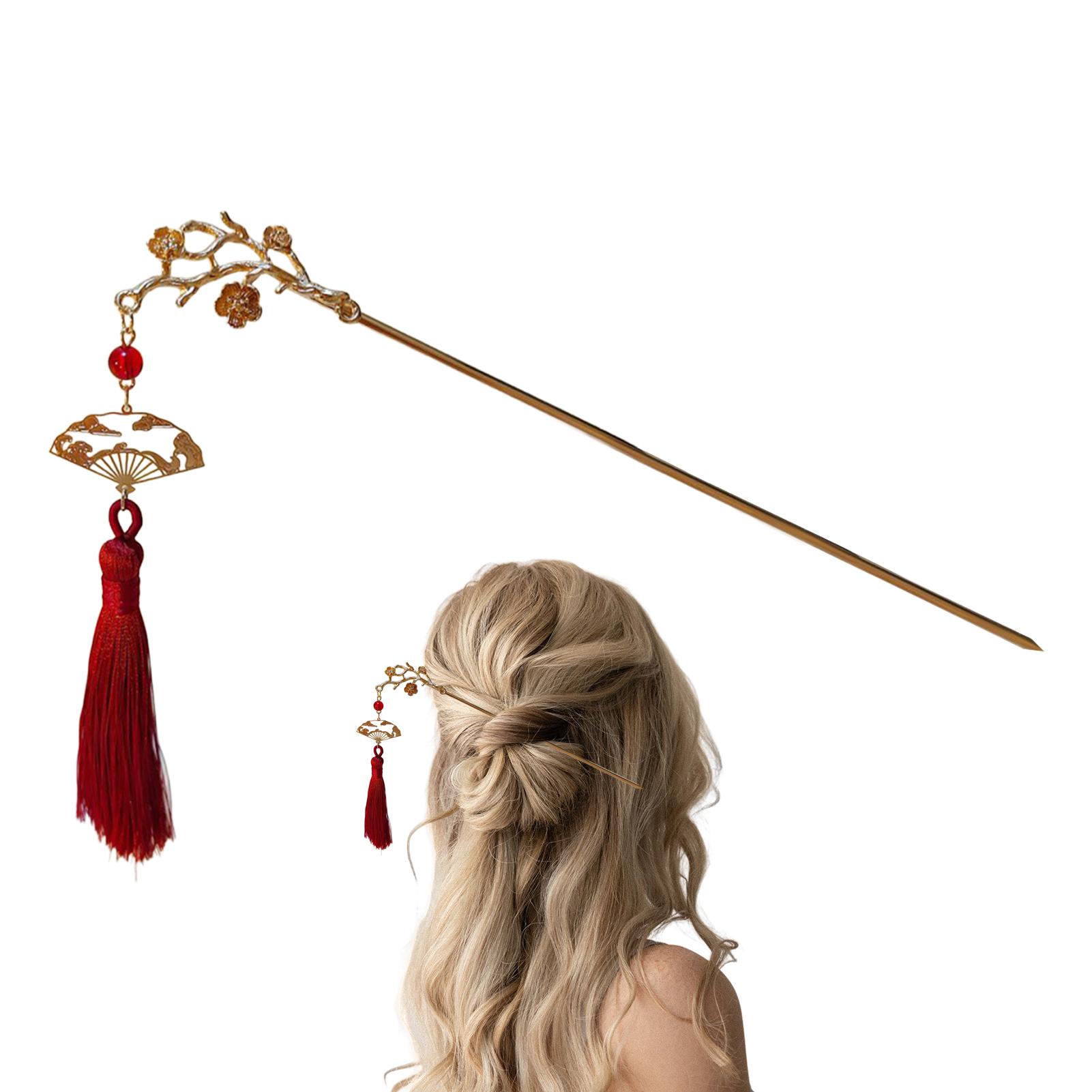 

Retro Flower Tassel Hairpin For Women Elegant Peach Blossom Folding Fan Pendant Hair Stick Chinese Style Girls Hair Accessories