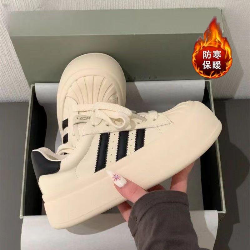 Zhao Ruth Niche Three Bars Thick Baseplate Shoes Women's 2025 Winter Warm Shell Head High Value Cotton White Shoes