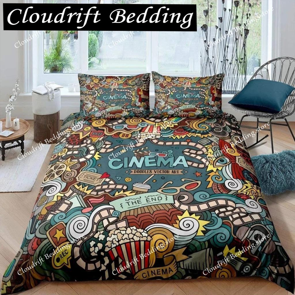 Movie Theater Duvet Cover Set Cinema Ticket Bedding Set Filmstrip Comforter Cover Bedroom Decor Bedspread Cover Full Size
