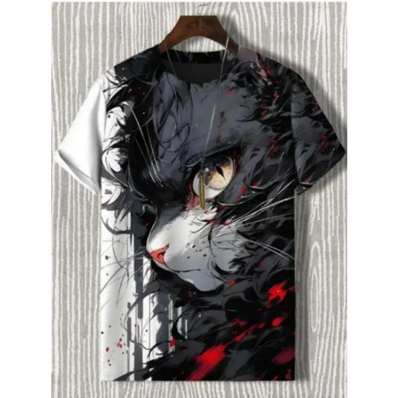 Summer Round Neck 3D Warrior Cat Printed Top Fashionable Casual Short Sleeved Men's T-shirts