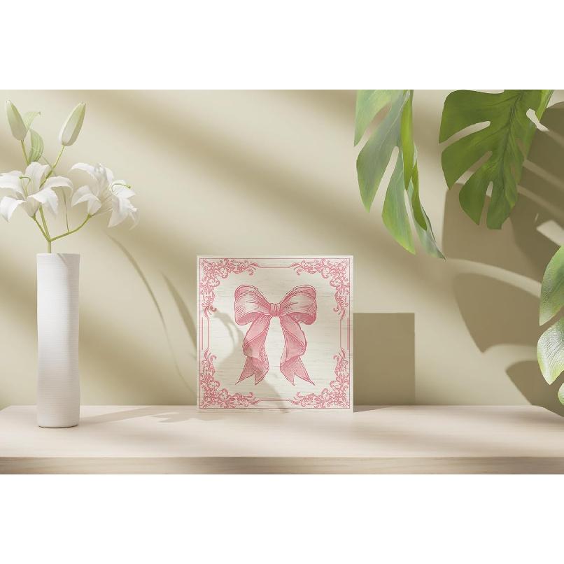 Pink Bow Coquette Wooden Box Sign, Coquette Room Decor, Dorm Room Essentials for Girls, Girly Ribbon Bow for Girls Room Dorm College Bedroom Desk