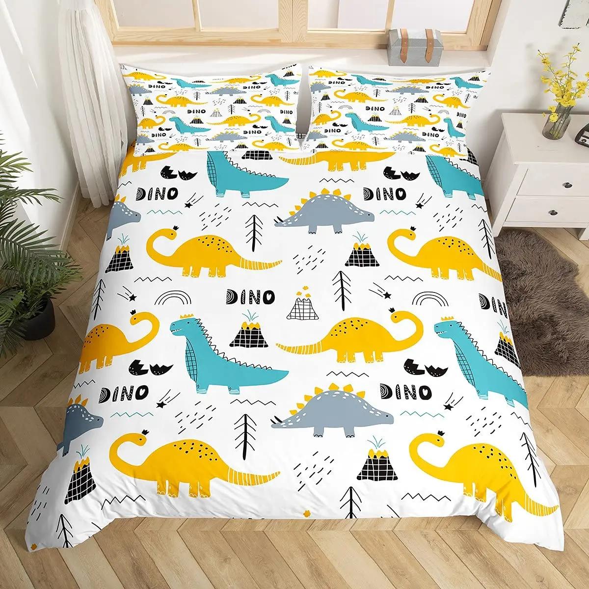 Cute Cartoon Dinosaur Duvet Cover Set Full SizeKawaii Dinosaur Bedding Set For Boys GirlsColorful Dinosaur Comforter Cover Set EU Single(135*200cm)3pcs