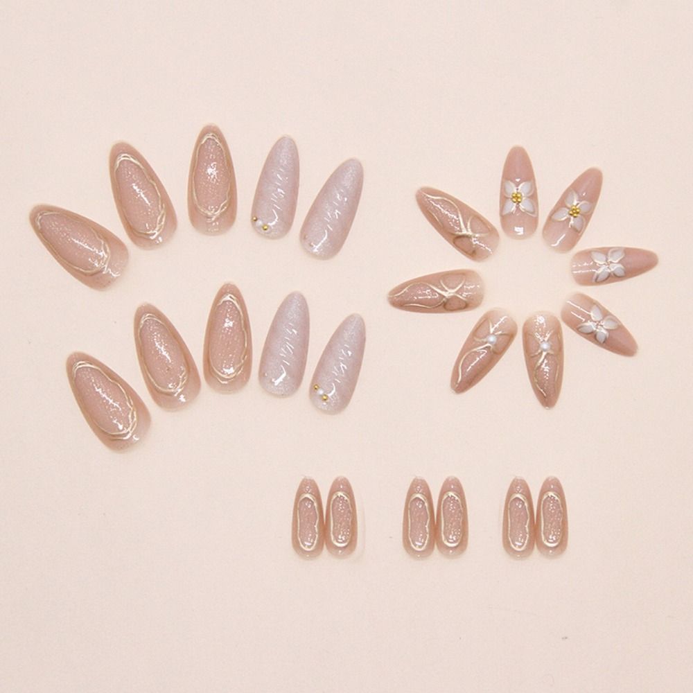 24pcs Manicure Long Almond False Nails Gilded Flower Pearl French Fake Nials Detachable Star Bow Press on Nails Women