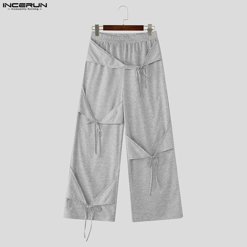 INCERUN Pantaloni lungi casual pentru bărbați, cu talie elastică, patchwork cu fundă