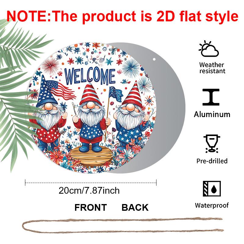 2D Flat, 1pc 4th of July Wreath Gnome Welcome Door Decor, Patriotic Bow Round Aluminum Decorative, American Star Flag, Weatherproof Metal Wall Decor