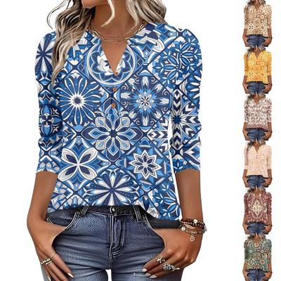 Women’s Fashion Loose Fit Three Quarter Sleeve Top with Geometric Floral Print and V Neckline for Casual Wear