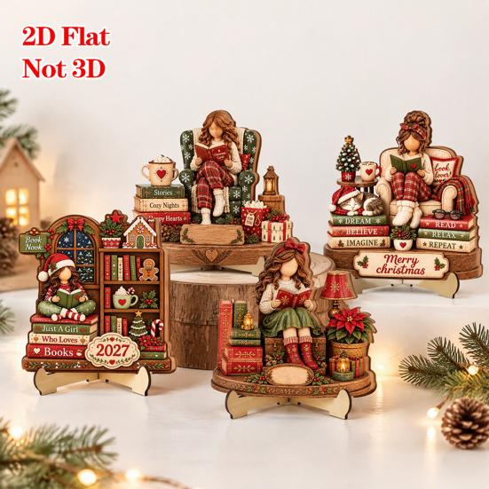 Retro Christmas Centerpieces Book Lover Gifts for Women, Just A Girl Who Loves Wooden Plaque, Winter Home Decor 2D Flat Reading Block Sign with Stand