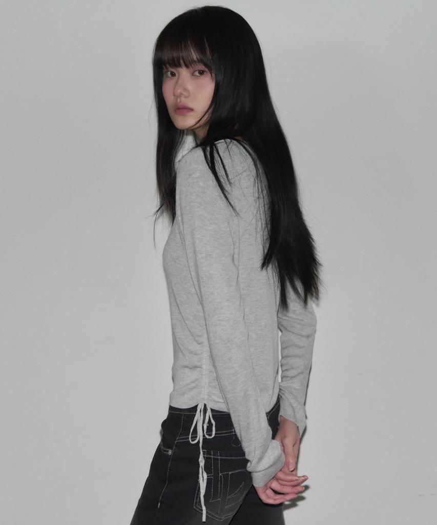 Ledeoli Square Neck Shirred Wool Knit Top [Navy]