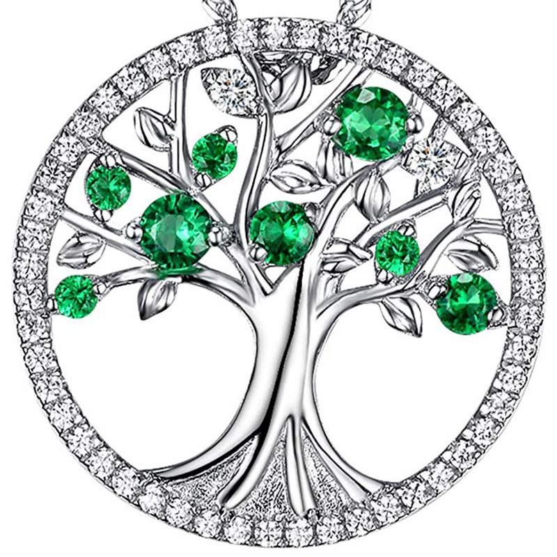 Silver Plated Tree of Life CZ Pendant Necklace, Colorful Crystal Halo Cable Chain Necklace for Women