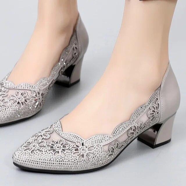 Spring Summer Fashion Hollow Out Genuine Leather Pumps Women Shoes Med Heels Square Heel Mesh Ladies Office Shoes Crystal
