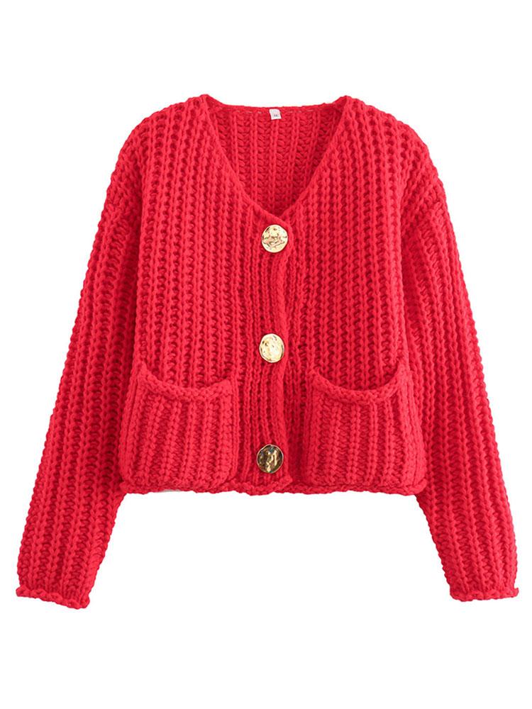 Elegantní jednobarevná háčkovaná vlněná vesta pro ženy Šik jednořadé zapínání s kulatým výstřihem kapsy Pletená vesta 2024 Podzim Dámská High Streetwear