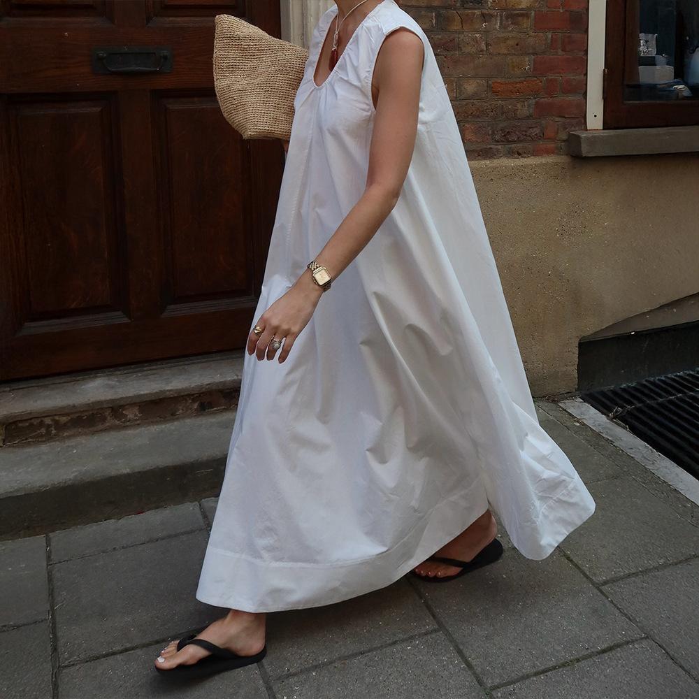 Ärmelloses Kleid Europäischer und Amerikanischer Sommer Neu Reine Baumwolle Urlaub Lässig U-Ausschnitt Locker Lang Kleid Kleid