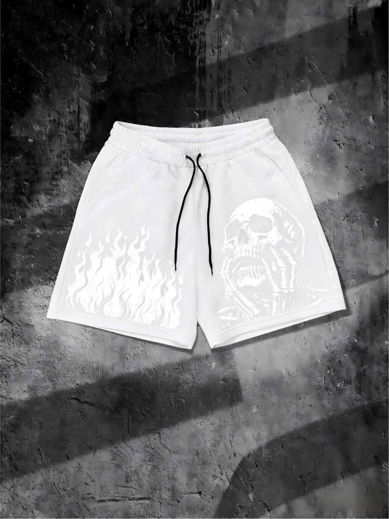 European and American Men's Summer Flame Skull Print Comfortable and Breathable Drawstring Shorts for Outdoor Leisure Vacation