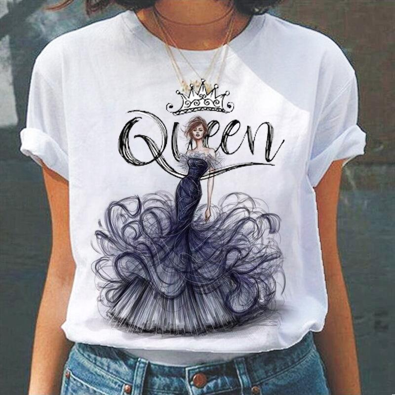Camiseta de Verano de Cuello Redondo con Estampado 3D de Patrón de Reina, Camisetas de Mujer Casuales de Moda de Manga Corta