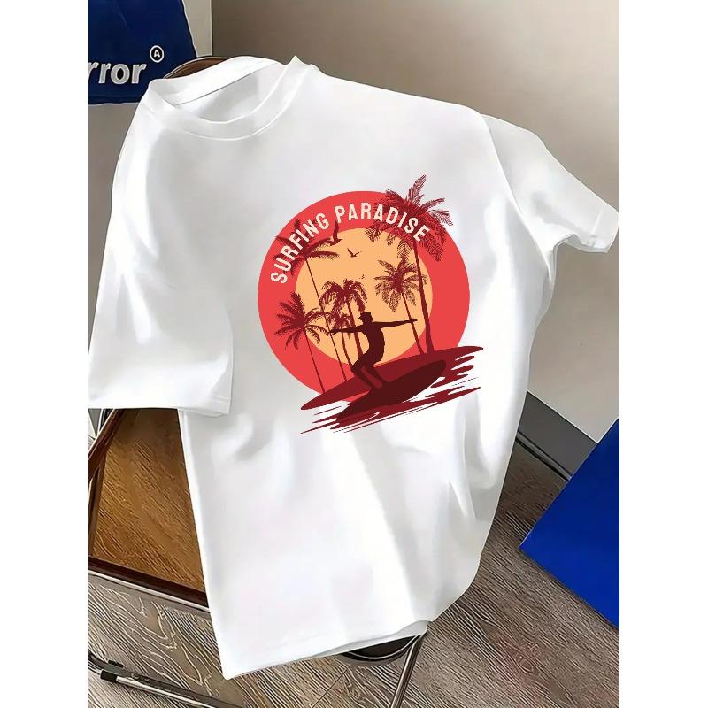 European sizes Men'S T-Shirts Surfing Paradise Pattern Crew Neck Short-Sleeved T-Shirt Men'S Casual Short-Sleeved T-Shirt