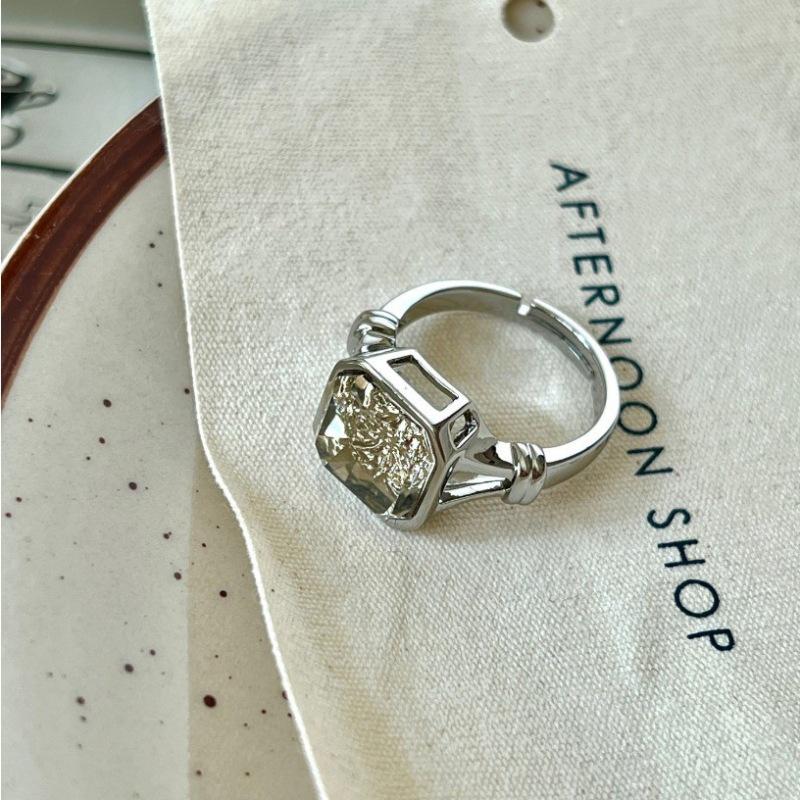 Women s Trendy Geometric Silver Square Zircon Adjustable Ring