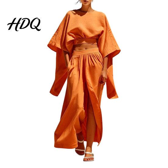 Polyester Fiber Outfit Women Summer 2 Piece Outfits Batwing Half Sleeve Crop