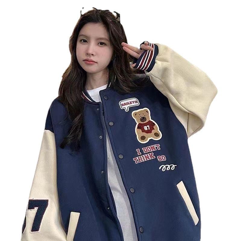New Retro Bear Baseball Uniform for Autumn and Winter for Women with Niche Design High Street Loose Casual College Style Jacket