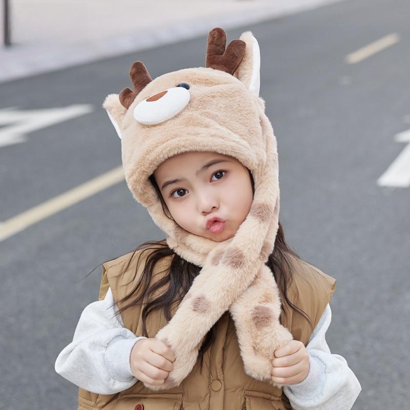Childrens Cute Cartoon Hat With Moving Ears And Warm Neck Wrap For Snow Days