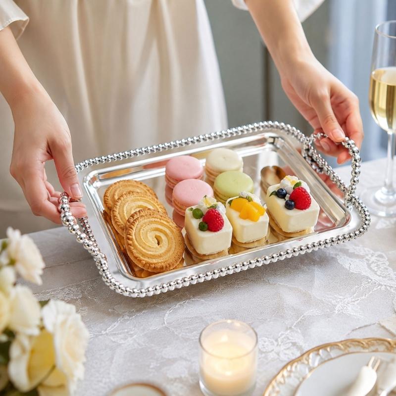 Reflective Metal Display Tray for Coffee Service, Entryway Placement and Dresser Arrangement for Daily Home Use