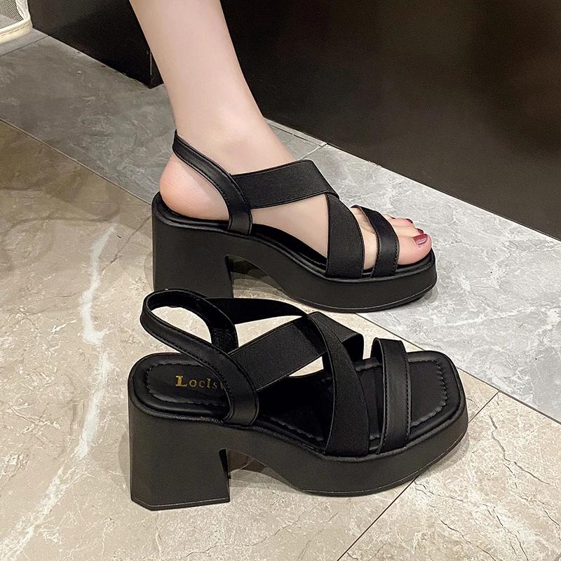 Fashion 2025waterproof platform, summer new style, thick heel, square head, toe exposed, Roman, retro, black, French women's sandals