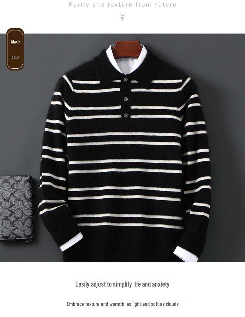 Men's 100% Wool Color Block Stripe Polo Collar Sweater, Autumn/Winter Collection