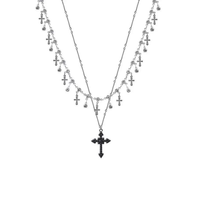 Punk‑Style Cross‑Stacked Necklace for Women, Dark‑Tone Niche‑Design Choker Clavicle‑Chain Fashion Accessories