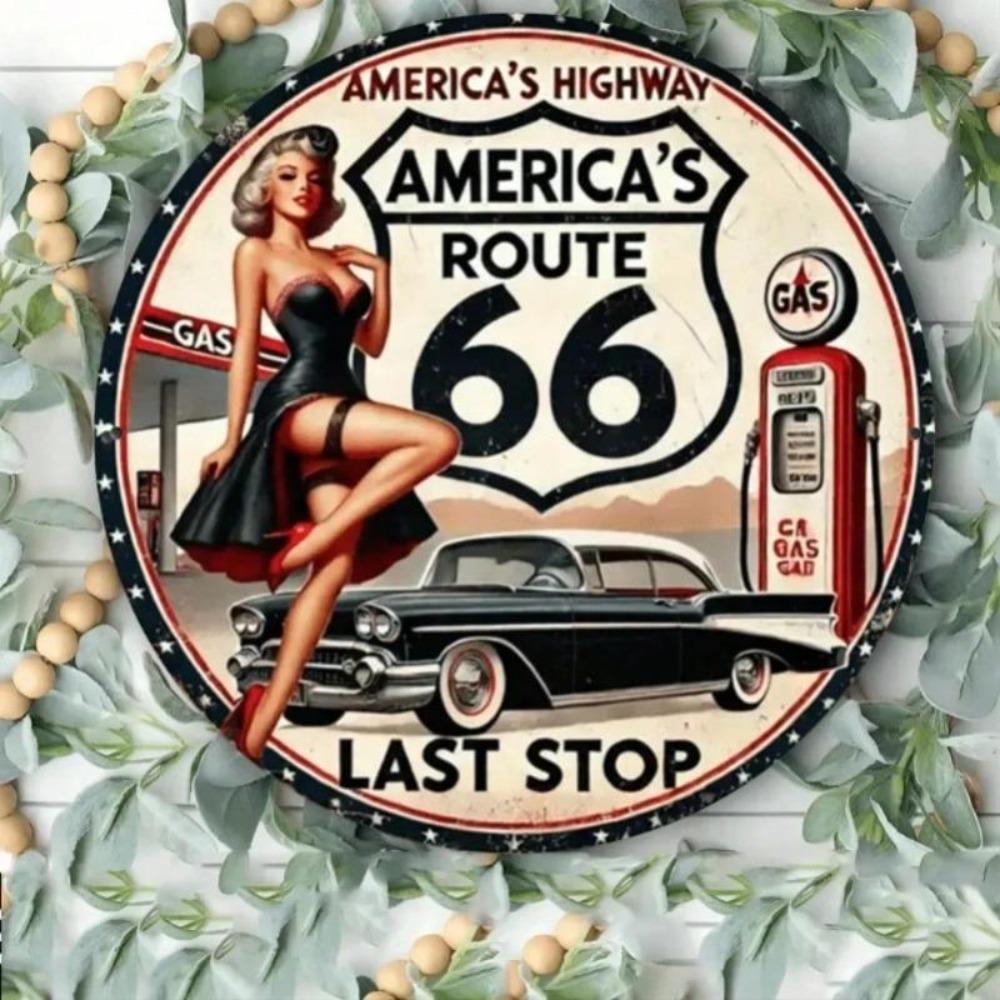 Vintage Route 66 Metal Tin Sign Pinup Girl Classic Car Wall Art Bar Cafe Decor