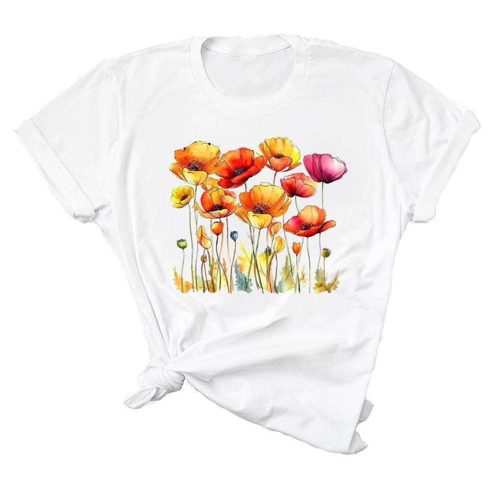 Korean Style Women's Floral Printed Short Sleeve T-Shirt, Round Neck, Casual Fashion for Youth