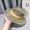 Travel Natural seagrass hollow flat brim hat ladies summer porkpie concave round sun hat beach straw hat with ribbon sale