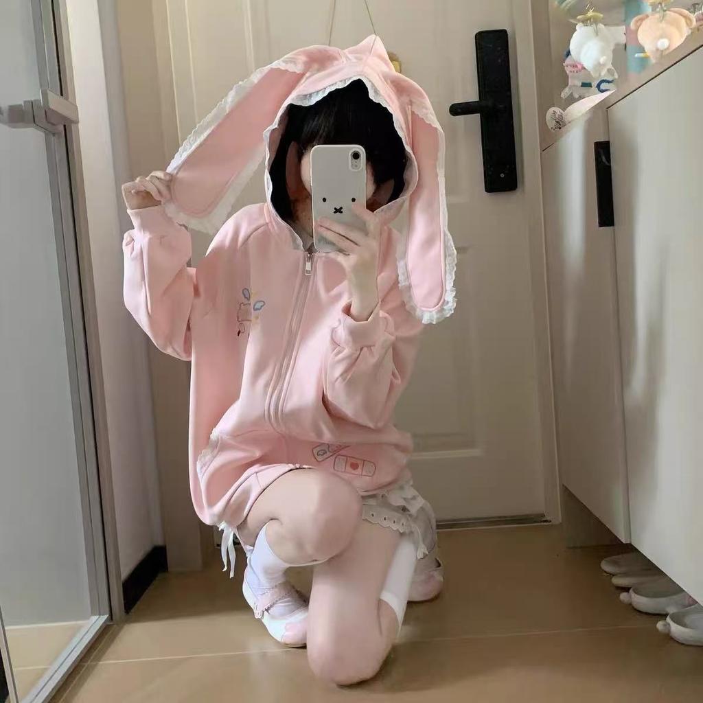 Schattige Konijnenoren Hoodie Dames Kawaii Konijn Print Sweatshirt Lente Herfst Y2K Kant Konijnenoor Capuchon Jas Roze Lolita Meisje Jas