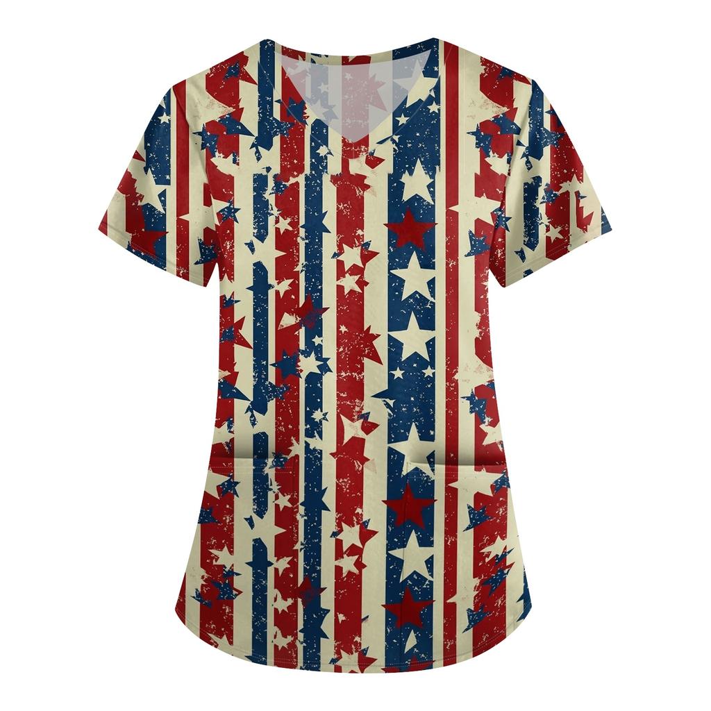 Women V Neck Short Sleeve Printed Scrub Top Nurse Uniform Shirt Comfortable Lightweight Fabric Loose Fit