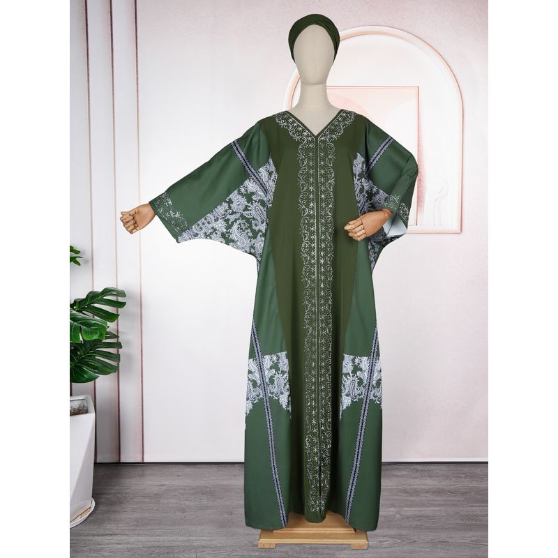 

Cross-Border African Middle East Women s Rhinestone Robe Dress Patchwork Plus Size V-neck Batwing Sleeve Dresses Green One size