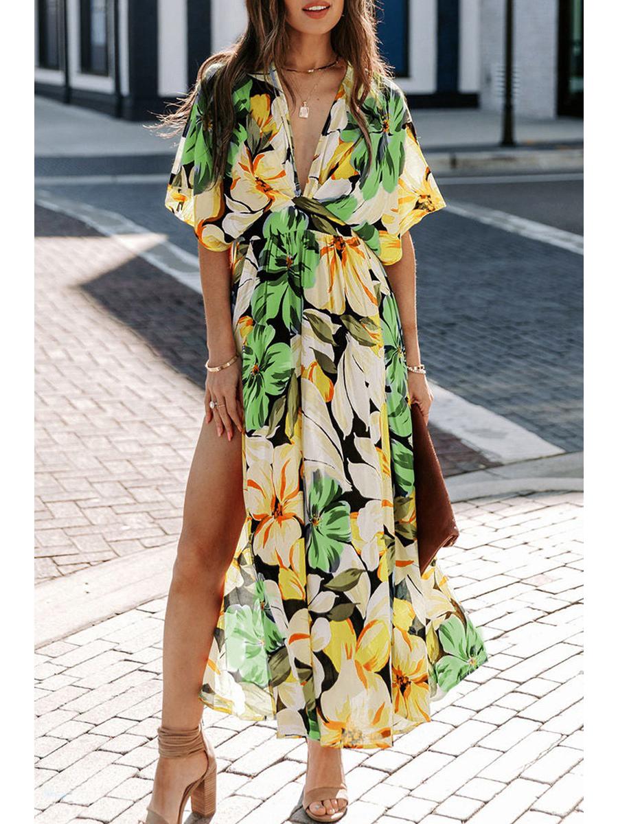 2026 Summer Floral V-Neck Dress: European & American Style, Slimming Fit for Women L жёлтый