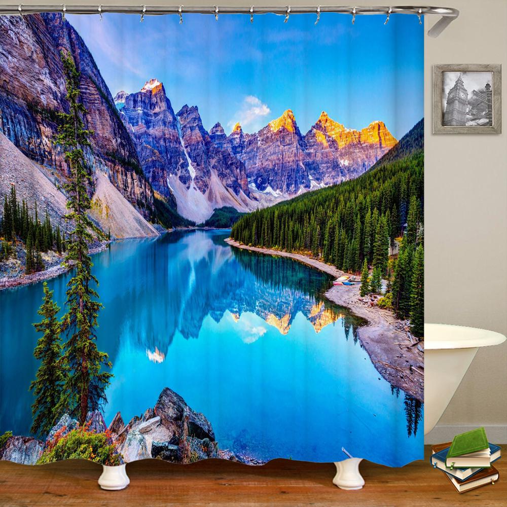 Bath Curtain 3D Printing Window Scenery Forest Shower Curtains 180*200Cm Waterproof Bathroom Curtain Washable Fabric With Hooks