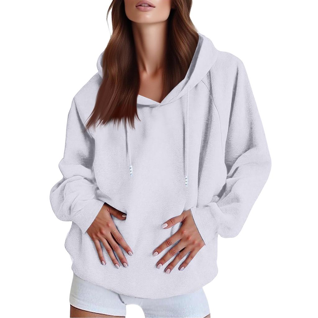 Sudadera con Capucha Oversized de Mujer a la Moda Casual de Color Sólido con Hombro Caído y Manga Larga con Cordón