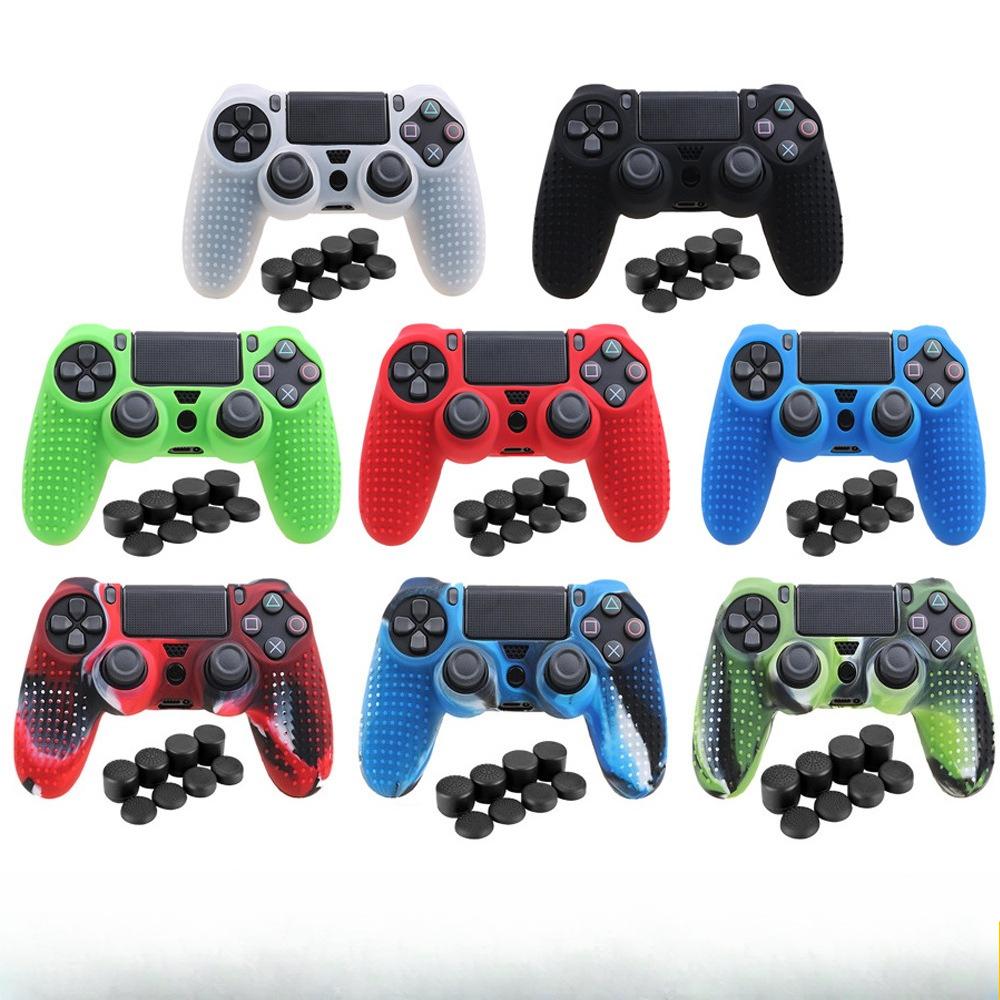 Kamuflażowy Czerwony Silikonowy Pokrowiec + Zestaw 8 Nakładek na Kciuki do Kontrolera PS4 - Antypoślizgowy Ochraniacz