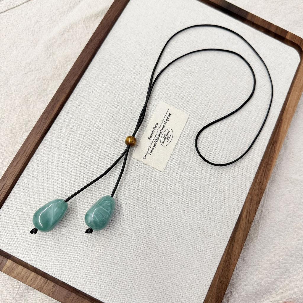 Minimalist Retro Irregular Imitation Jade Large Teardrop-shaped Pendant Pull Adjustable Necklace for Women Collar Chain Jewelry