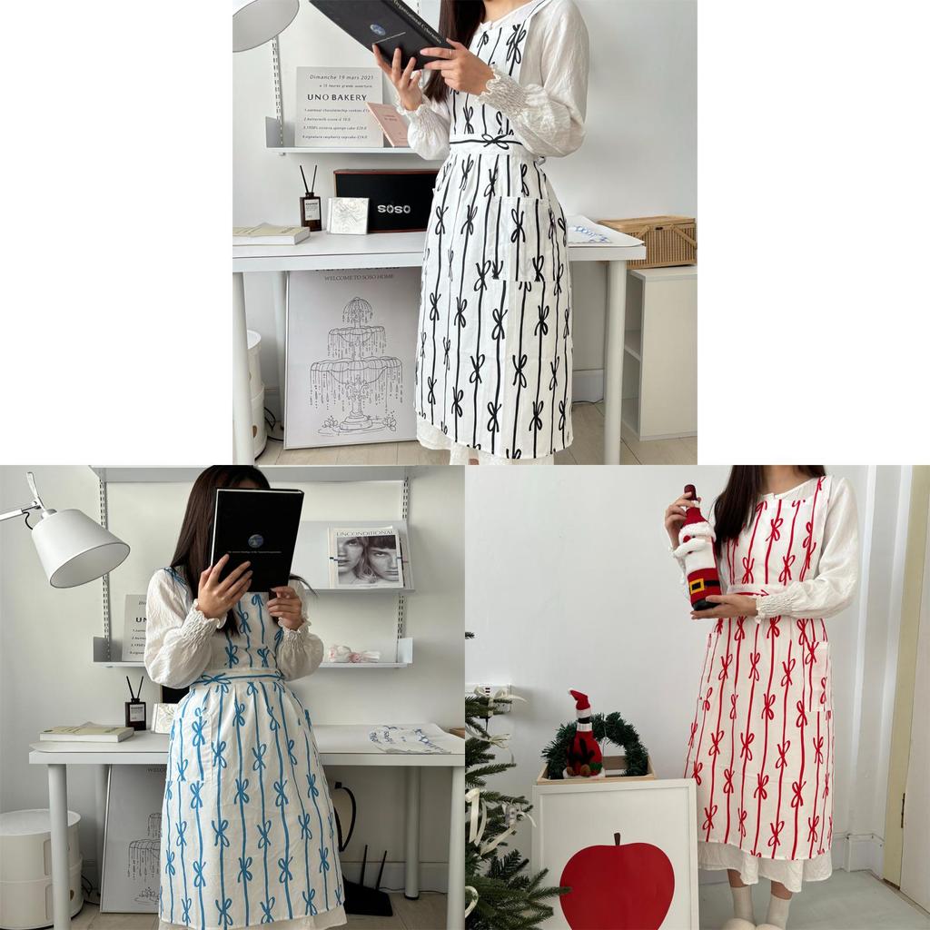 Korean Fashion Sleeveless Apron With Butterfly Ribbon Print For Cafe And Nail Salon Use