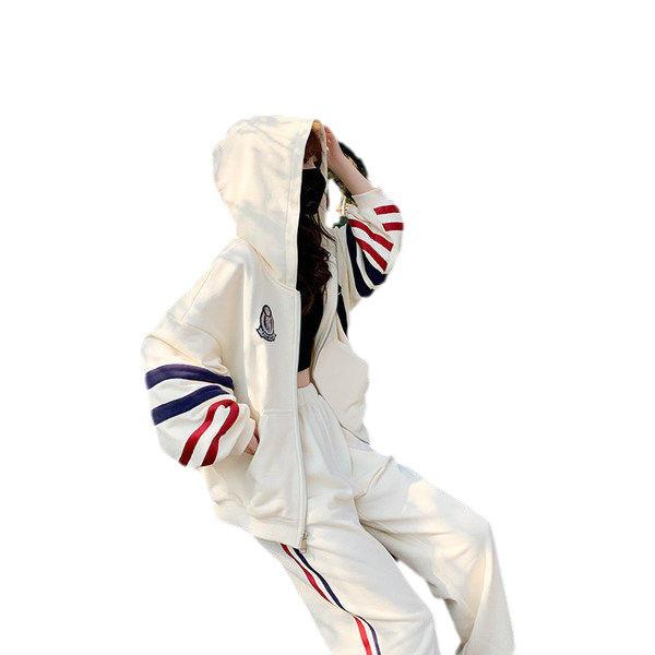 Women's Striped Sweater Jacket and Leggings Set - Trendy Two-Piece Sports Suit for Spring and Autumn