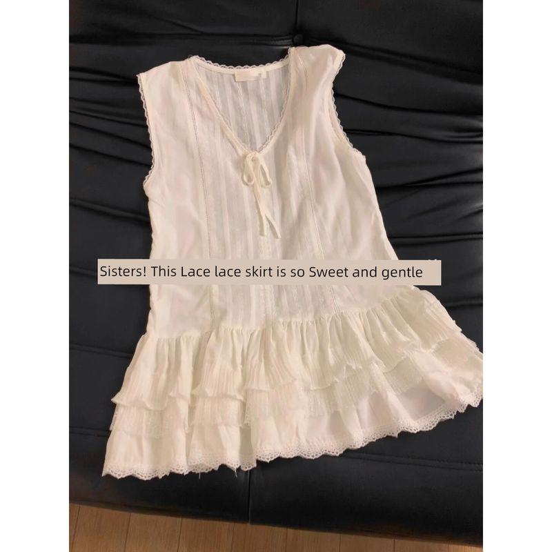 

Gentle and Sweet White Lace Hem Vest Base Skirt Women Korean Series Sleeveless Inner wear Sling Shirts Top White L