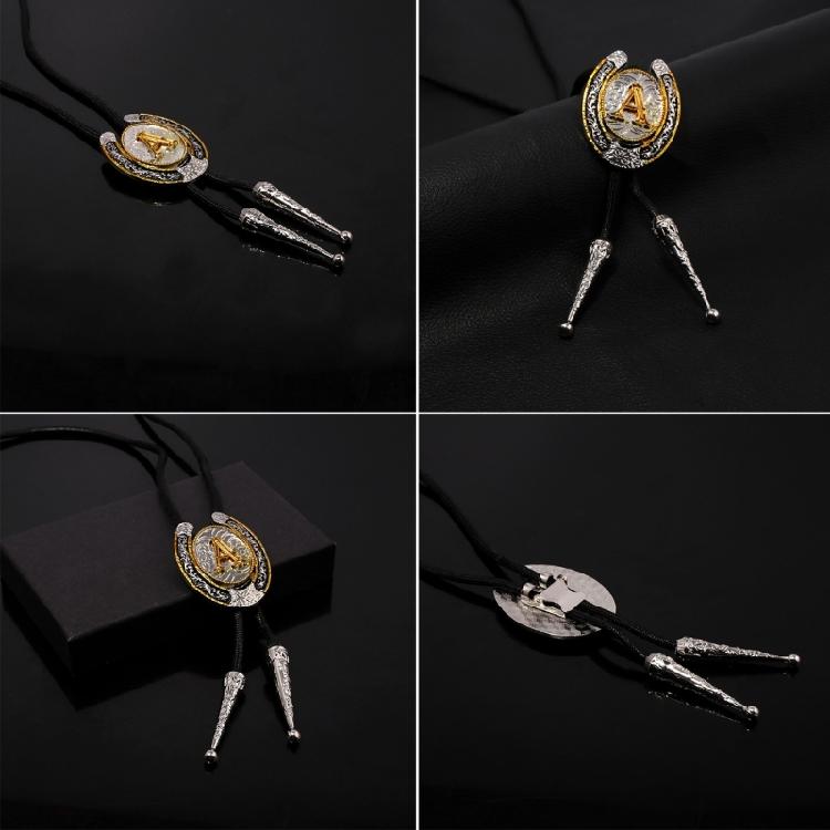 Tribal Faux Leather Rope Bolo Tie Unique Western Necktie Metal Initial Letter Necklace for Men and Womens Party Outfits