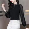 Spring Women Clothing Chiffon Shirt Stand Collar Embroidered Button Chinese Style Fashion Elegant Long Sleeve Loose Tops