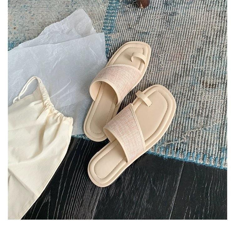 Square head cover toe straw woven flat slippers women's summer wear new casual sandals belt