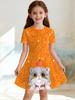 Girl Clothes Cartoon Cat Graphic Printed Girls' Princess Dress Summer Casual Dress for Girls Outfit O-Neck Birthday Gift Clothes