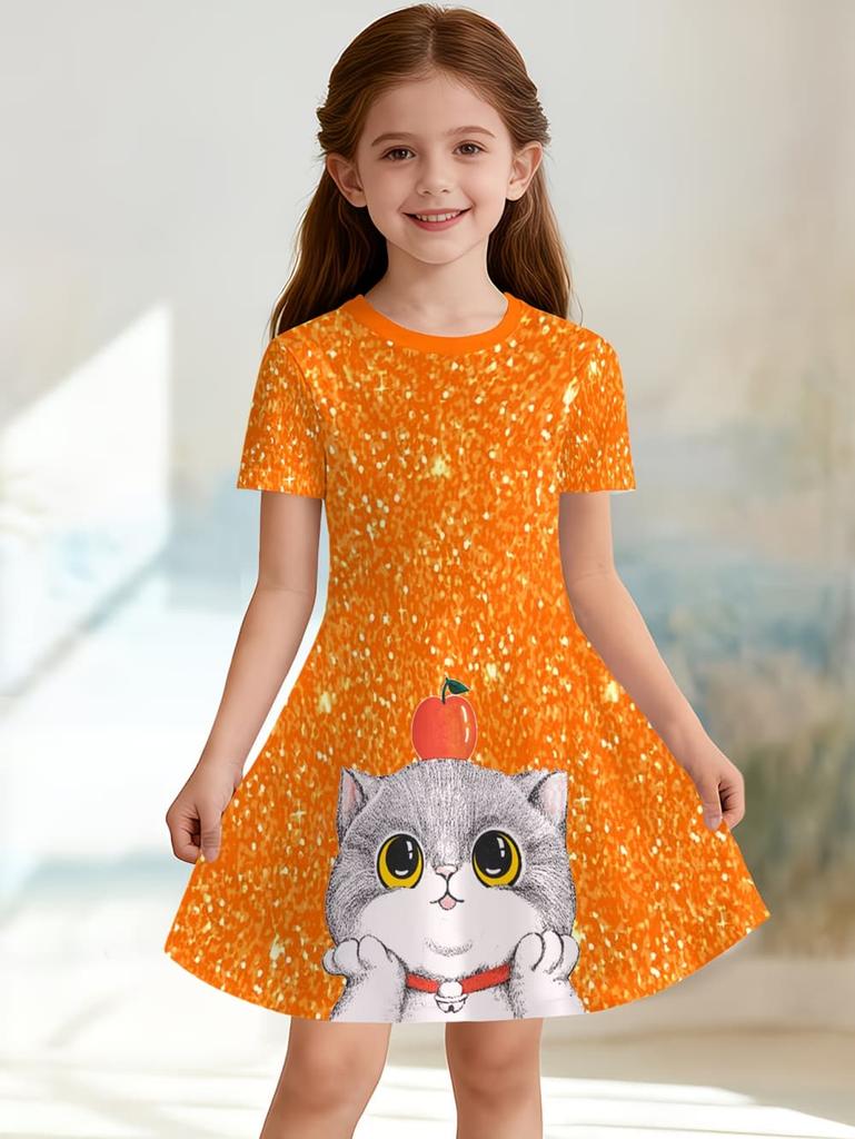 Girl Clothes Cartoon Cat Graphic Printed Girls' Princess Dress Summer Casual Dress for Girls Outfit O-Neck Birthday Gift Clothes