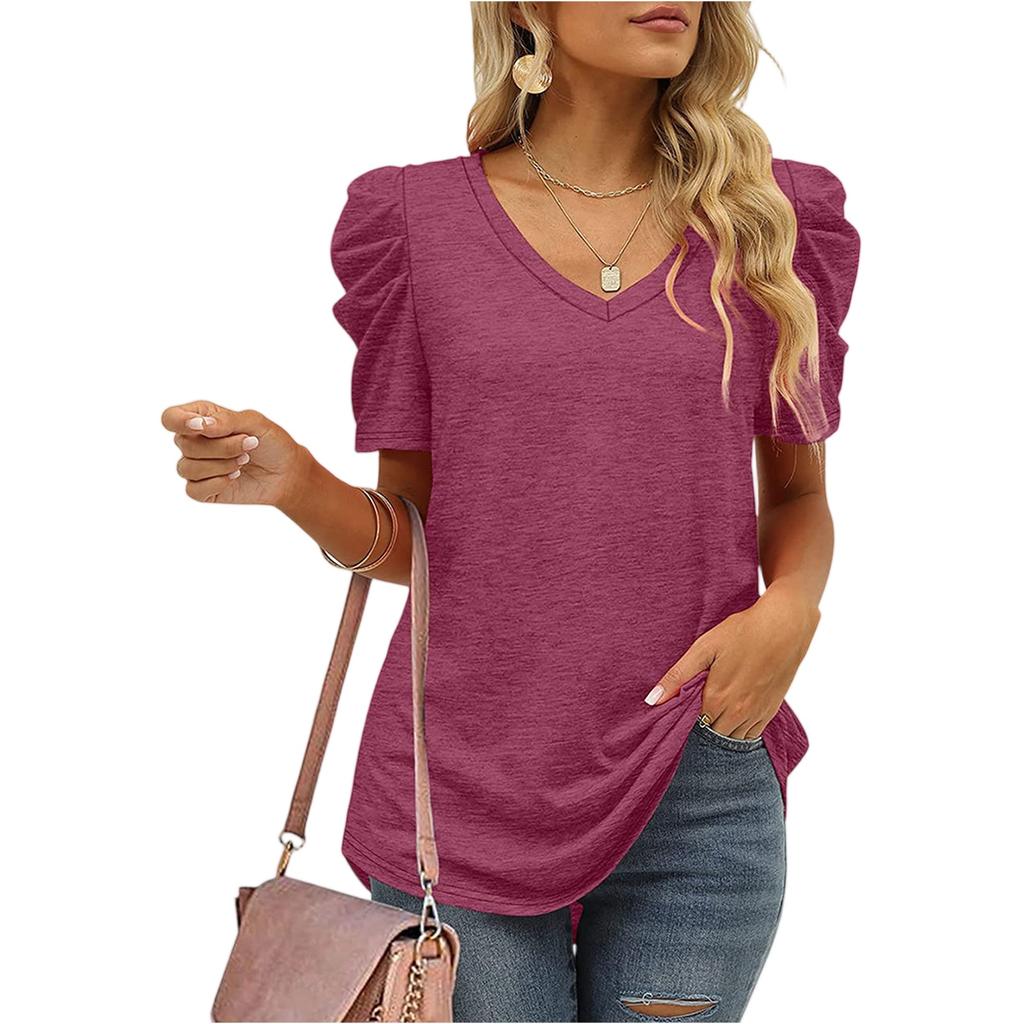 Women's Casual Ruffled Patchwork V-Neck Short Sleeve T-Shirt Top
