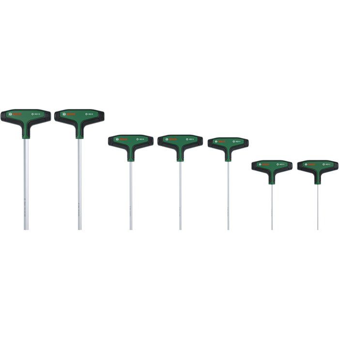 Jeu 7 tournevis hexagonaux poignée en T BOSCH 1600A039J1 - HEX2 à HEX10 et rack mural - Acier S2 56-60 HRC